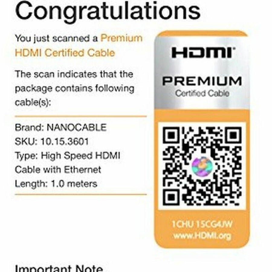 Câble HDMI NANOCABLE HDMI V2.0, 1m 10.15.3601 V2.0 4K 1 m Noir